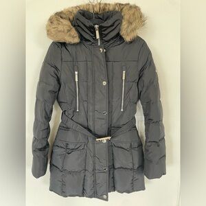 Michael Kors Women’s Puff Parka Coat Moss Faux Fur Hood Belt Black XS